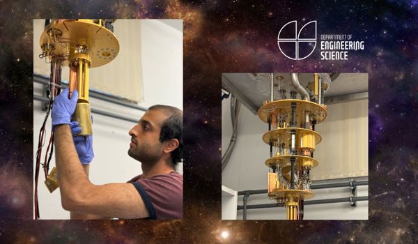 Oxford PhD student Vivek Wadhia sets up a dilution fridge inside which a quantum clock experiment was carried out.