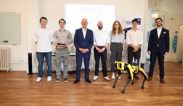 Boston Dynamics Spot pictured with Lord Hague, Prof. Nick Hawes, Daniele De Martini, Luke Robinson, Matthew Budd, Efimia Panagiotaki, Michael Groom