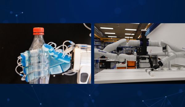 Side-by-side images of robotics technology: on the left, a soft robotic hand with blue flexible tubing grips a plastic bottle; on the right, “Frank,” a dual-armed industrial robot, uses its two white robotic arms to manipulate objects on a workbench in a lab setting.